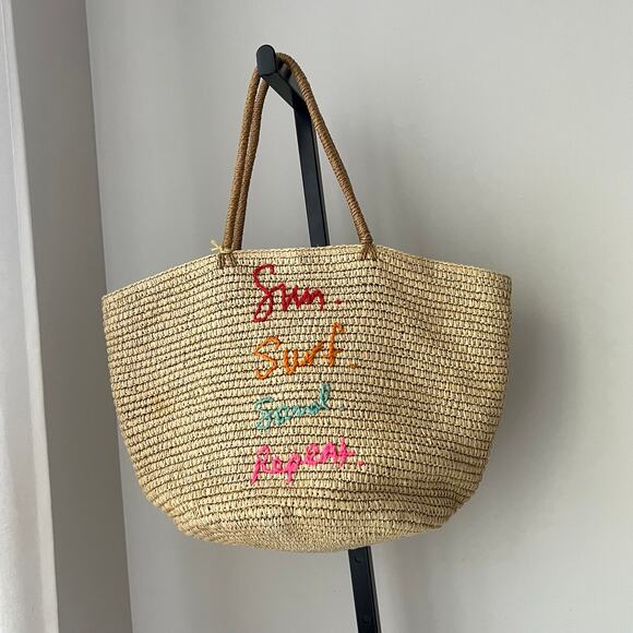 Rebecca Minkoff Sun Surf Sand Repeat Straw Tote Summer Beach Natural Tassels Fun - Picture 8 of 9